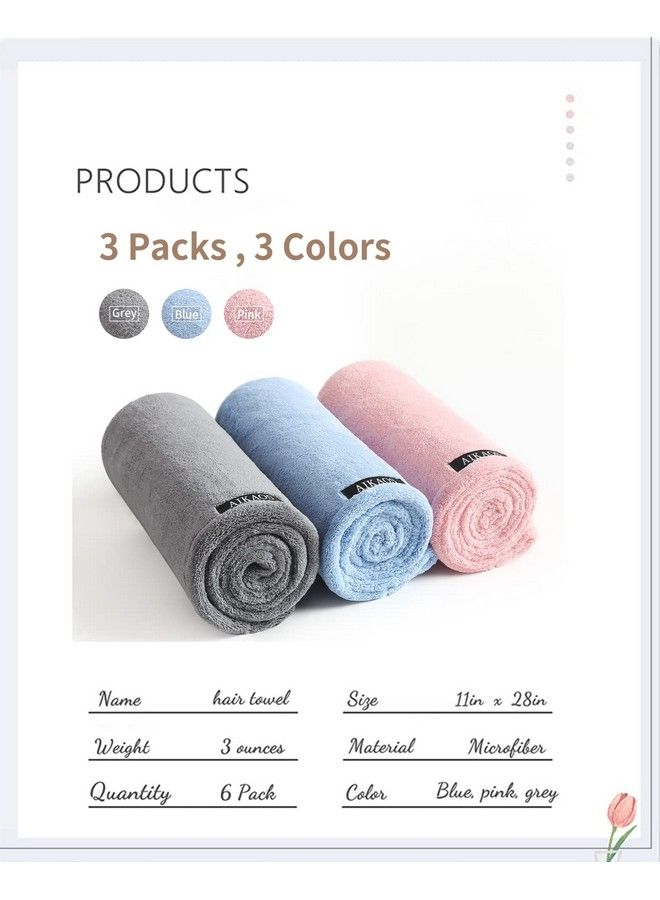 AIKAOS Microfiber Hair Towel Wrap For Women 3 Pack 11 Inch X 28 Inch Super Absorbent Quick Dry Hair Turban 2 Buttons Design For Women Wet Hair Curly Longer Thicker Hair(Grey Pinkblue) - Image 3