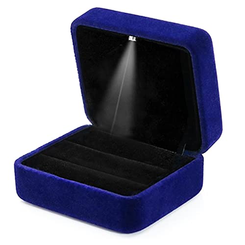 GBYAN Velvet 2 Slots Ring Box with LED Light for Ceremony Jewelry Display Gift Box for Engagement, Wedding, Blue - Image 2