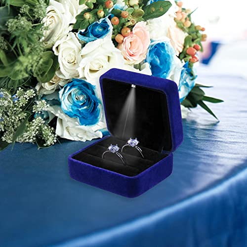 GBYAN Velvet 2 Slots Ring Box with LED Light for Ceremony Jewelry Display Gift Box for Engagement, Wedding, Blue - Image 3