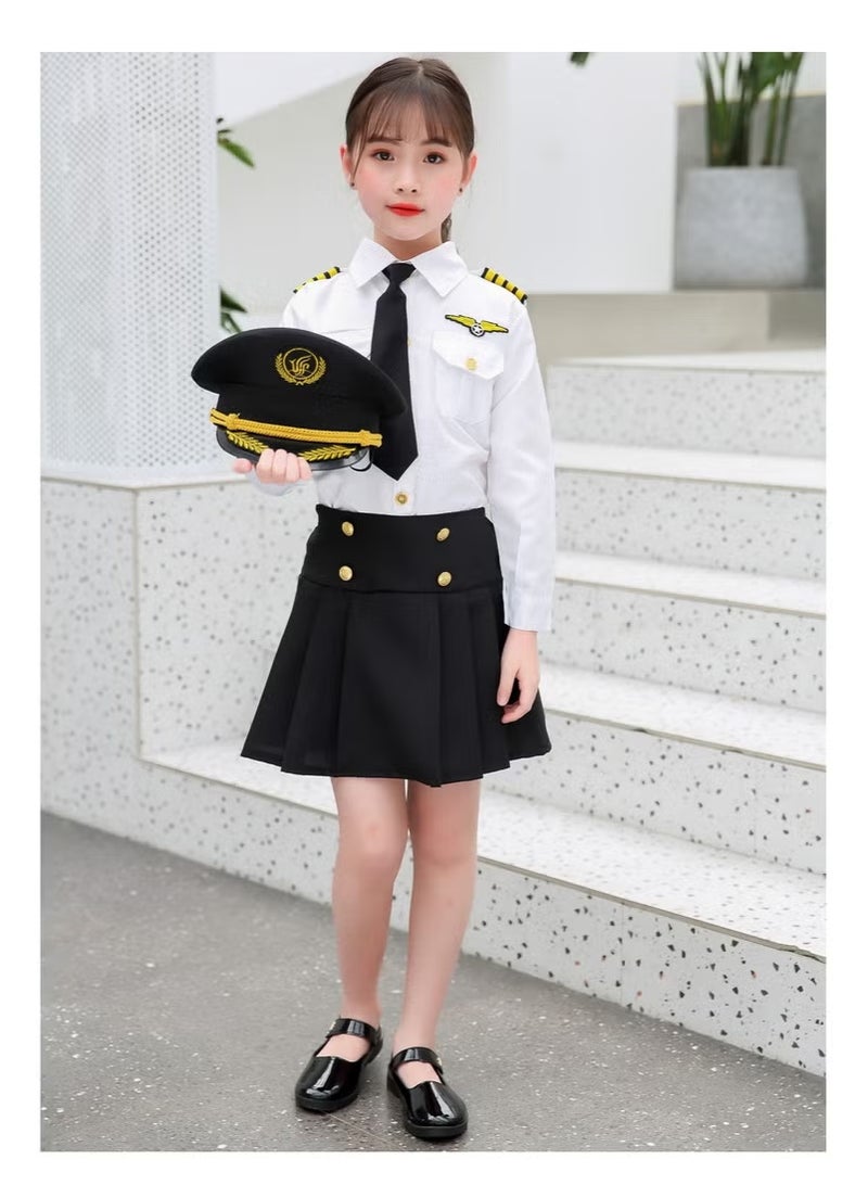 Airline Crew Uniform - Career Day Dress-Up for Kids  (Set includes: Short-sleeve top + Skirt + Socks + Sunglasses + Hat + Tie + Epaulet & Badge) -Size: 130cm - Image 3