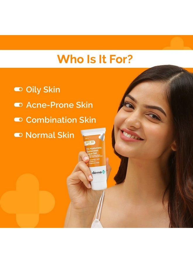 THE derma Co 1% Hyaluronic Sunscreen Spf 50 Aqua Gel, Pa++++ | For Oily, Dry, Acne-Prone Skin | Lightweight, No White-Cast For Broad Spectrum & Blue Light Protection - 30G  - Image 2