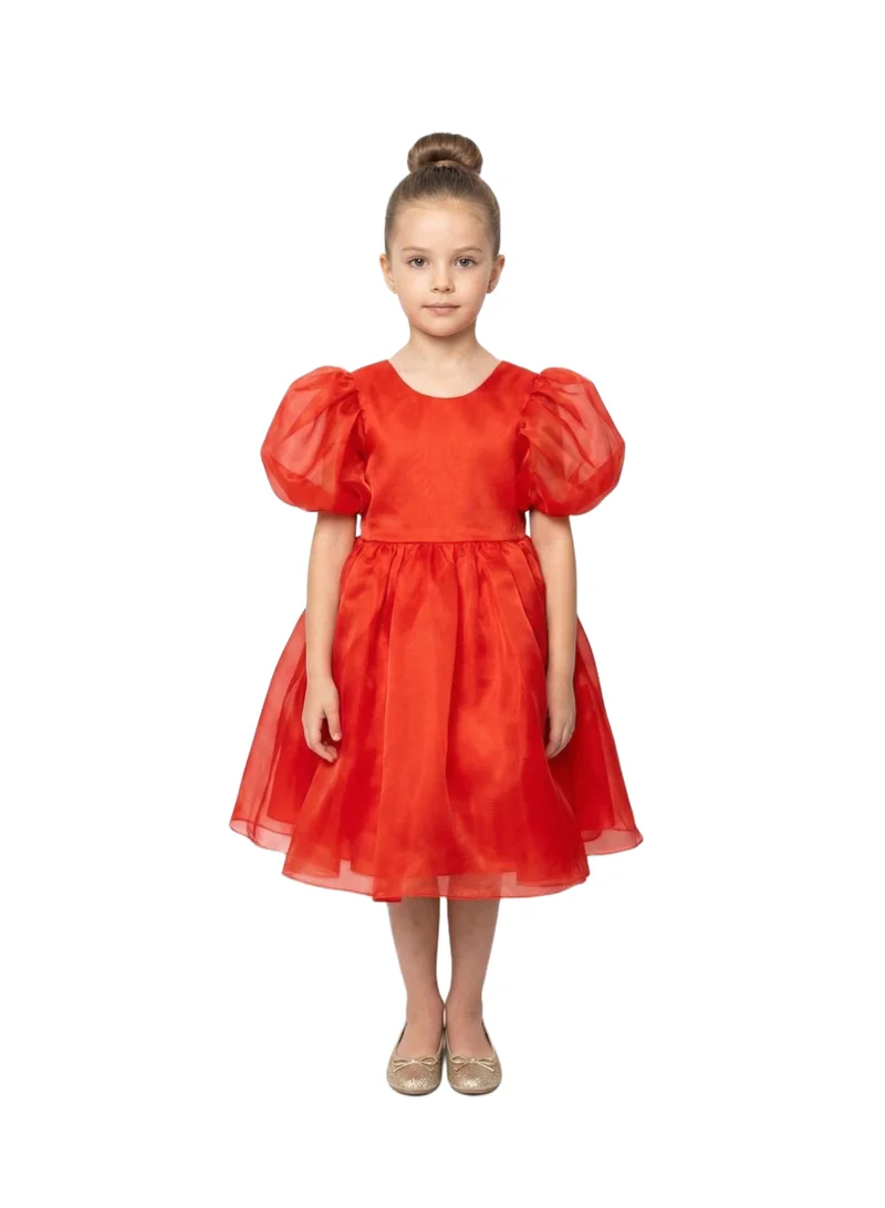 Bidani Red Puff Sleeve Organza Party Dress
