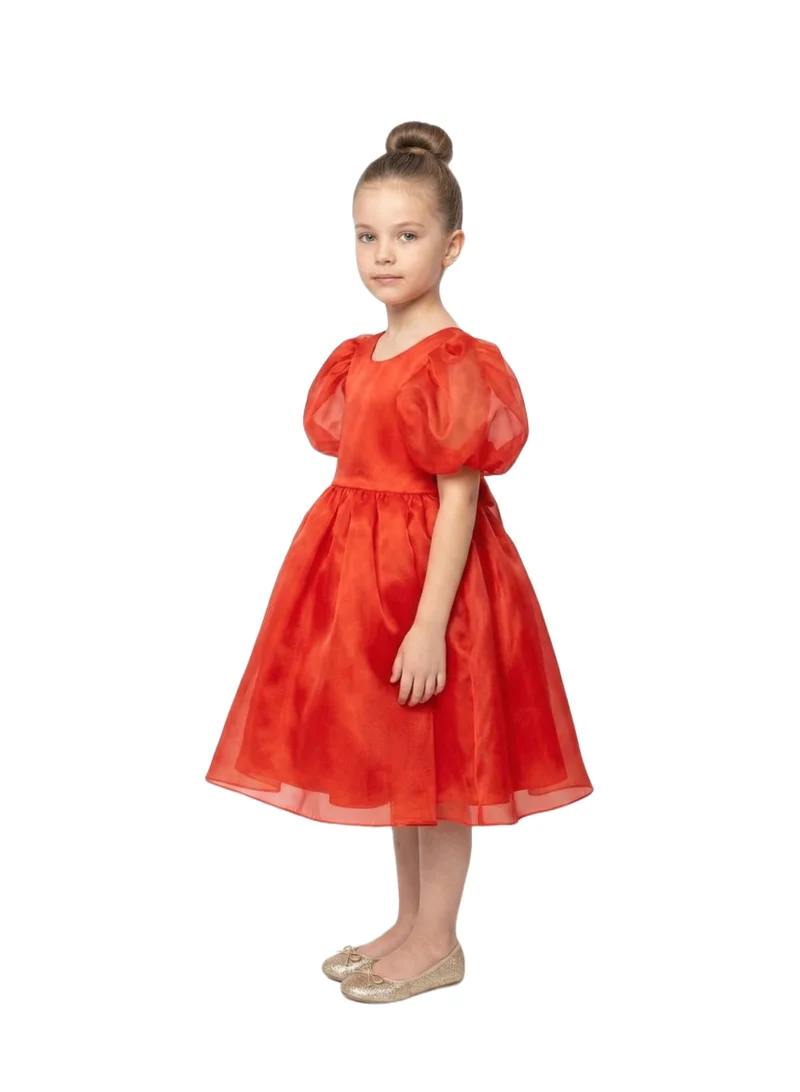 Bidani Red Puff Sleeve Organza Party Dress