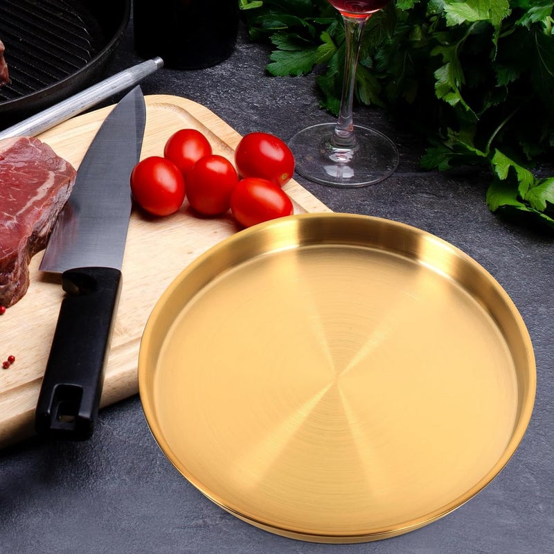 Garneck صينية غارنك الذهبية الدائرية 9 بوصة من الفولاذ المقاوم للصدأ صينية بخار زخرفية طبق تقديم دائرية ديكور منزلي مثالية للتقديم والعرض والتنظيم - Image 3