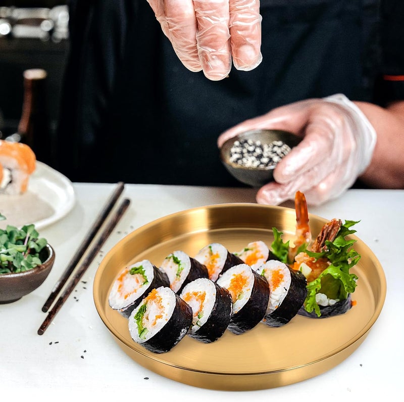 Garneck صينية غارنك الذهبية الدائرية 9 بوصة من الفولاذ المقاوم للصدأ صينية بخار زخرفية طبق تقديم دائرية ديكور منزلي مثالية للتقديم والعرض والتنظيم - Image 4