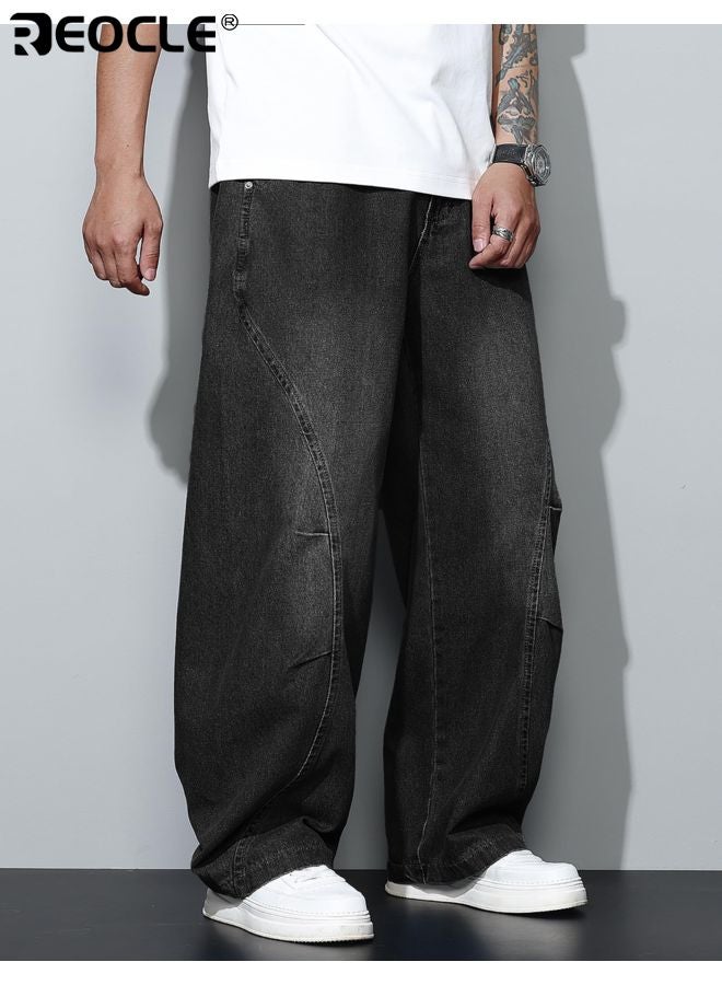 ريوكل بنطلونات جينز فضفاضة للرجال بتصميم ساق واسع وخياطة غير منتظمة - بنطلونات هيب هوب بقصة فضفاضة تناسب أسلوب الشارع - Image 3