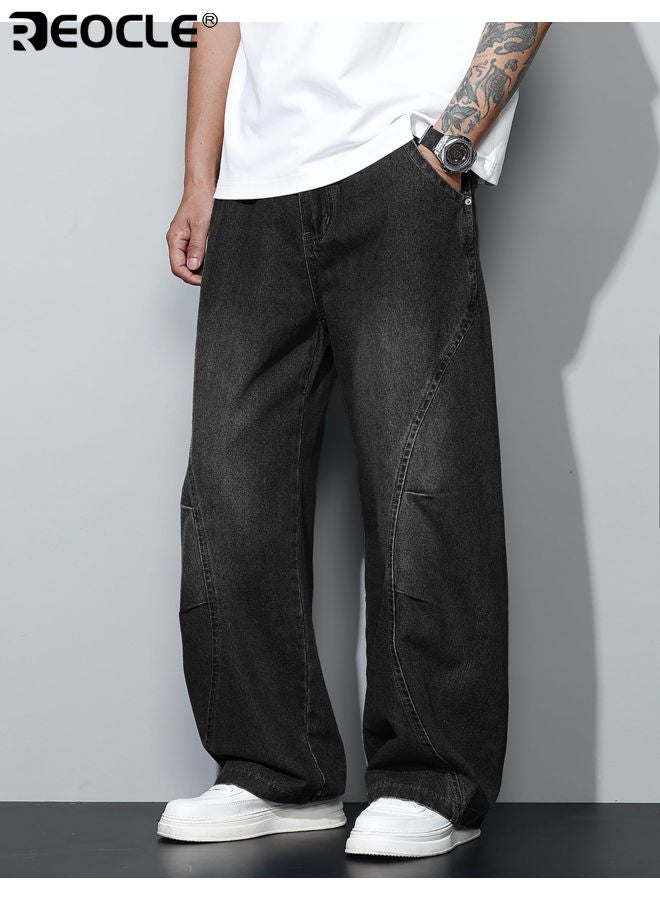 ريوكل بنطلونات جينز فضفاضة للرجال بتصميم ساق واسع وخياطة غير منتظمة - بنطلونات هيب هوب بقصة فضفاضة تناسب أسلوب الشارع - Image 5