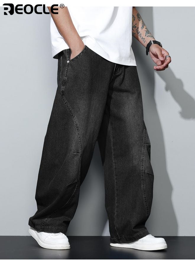 ريوكل بنطلونات جينز فضفاضة للرجال بتصميم ساق واسع وخياطة غير منتظمة - بنطلونات هيب هوب بقصة فضفاضة تناسب أسلوب الشارع - Image 4