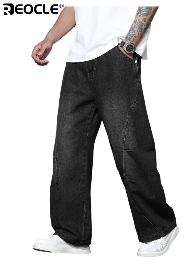 ريوكل بنطلونات جينز فضفاضة للرجال بتصميم ساق واسع وخياطة غير منتظمة - بنطلونات هيب هوب بقصة فضفاضة تناسب أسلوب الشارع - Image 1