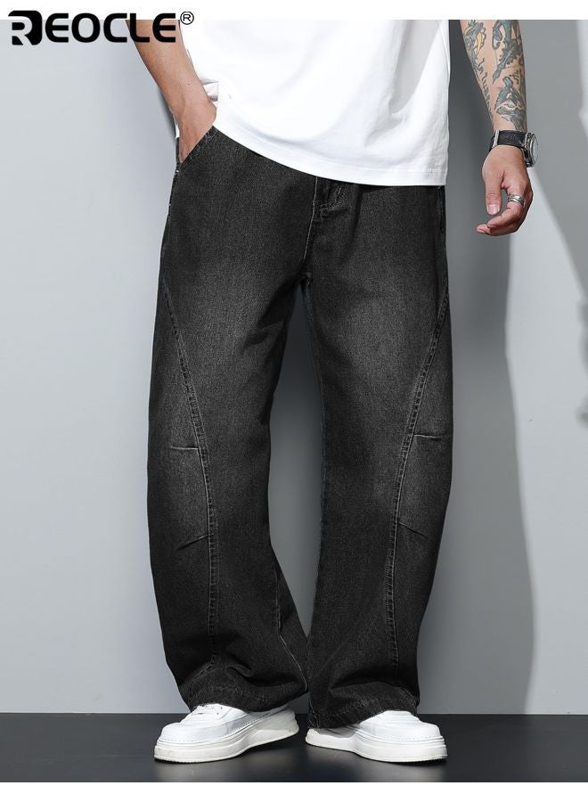 ريوكل بنطلونات جينز فضفاضة للرجال بتصميم ساق واسع وخياطة غير منتظمة - بنطلونات هيب هوب بقصة فضفاضة تناسب أسلوب الشارع - Image 2
