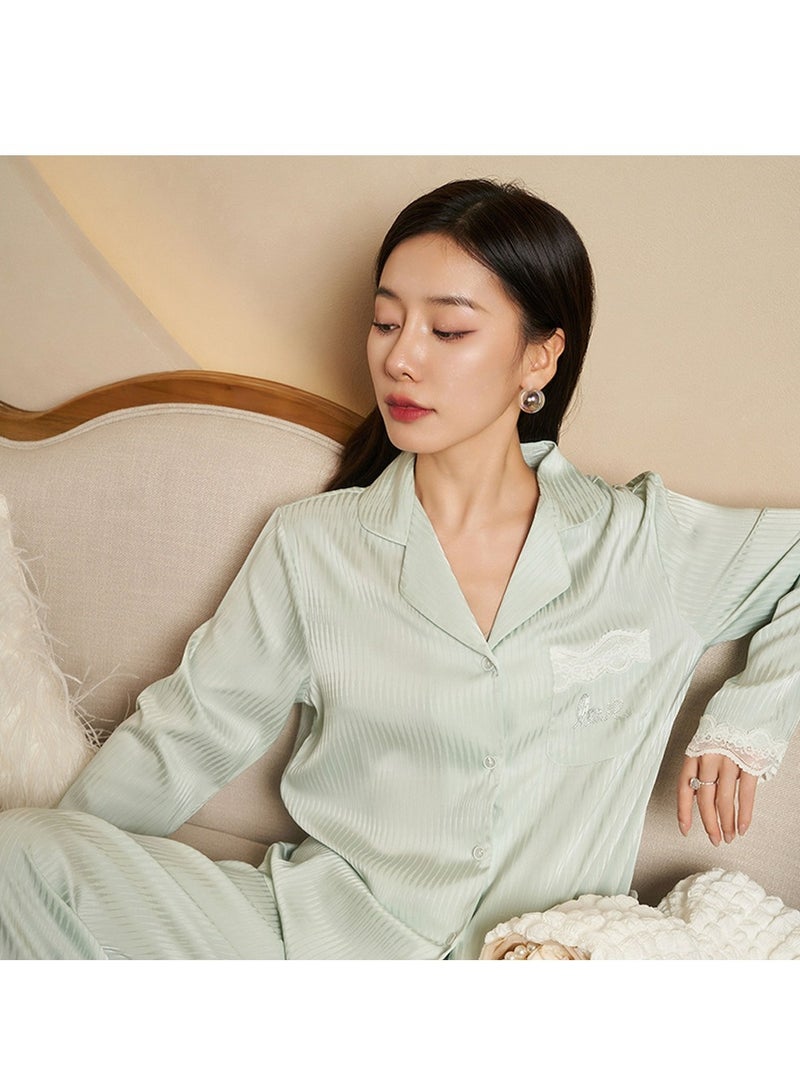 Loquat Women's Solid Color 2-Piece Set Loose Nightgown Sleepwear Long Sleeve Lapel Top And Pants Soft Loungewear Wear Pajamas Suit Light Green 