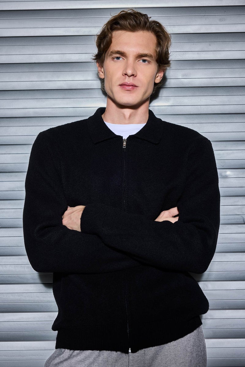 DeFacto Black Man Polo Neck Standart Fit Long Sleeve Cardigan Casual - Image 1