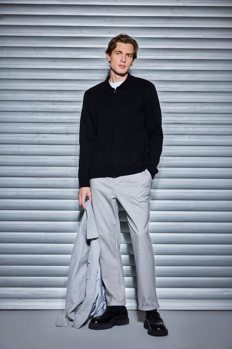 DeFacto Black Man Polo Neck Standart Fit Long Sleeve Cardigan Casual - Image 5