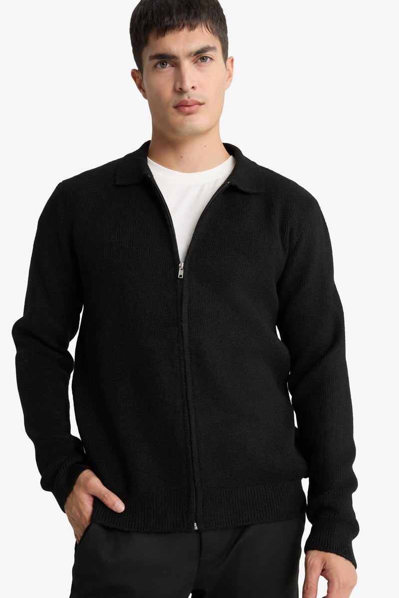 DeFacto Black Man Polo Neck Standart Fit Long Sleeve Cardigan Casual - Image 4
