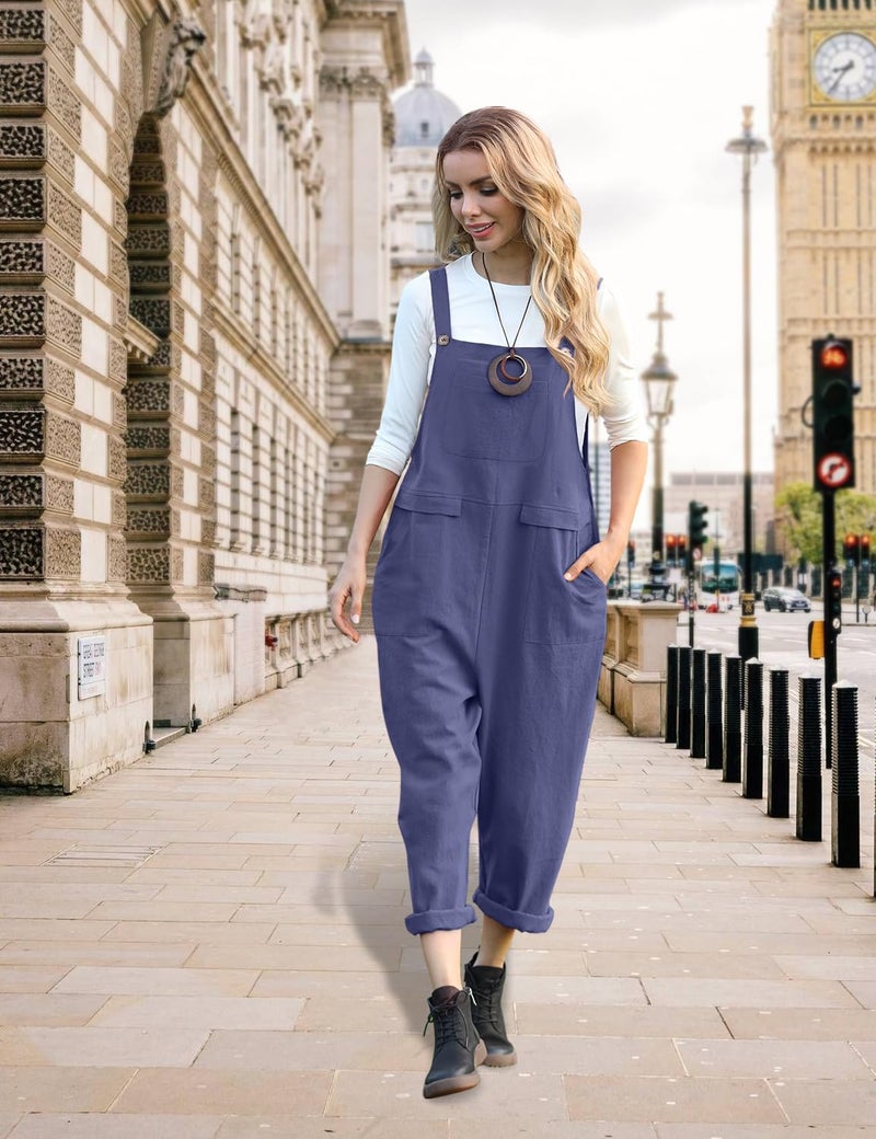 YESNO Women Long Casual Loose Bib Pants Overalls Baggy Rompers Jumpsuits with Pockets (XL PV9 Blue Gray) - Image 3