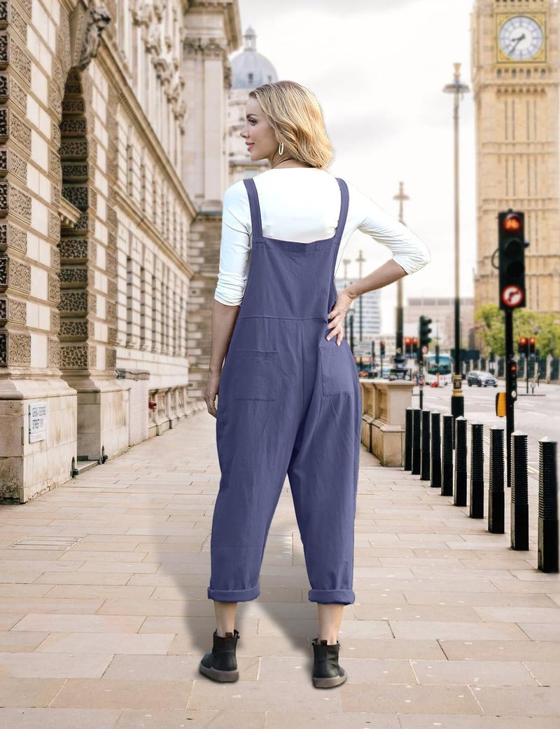YESNO Women Long Casual Loose Bib Pants Overalls Baggy Rompers Jumpsuits with Pockets (XL PV9 Blue Gray) - Image 4