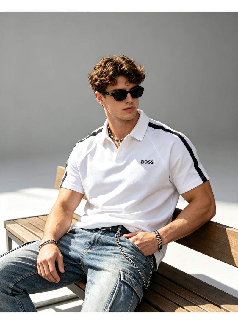 BOSS Men Short Sleeve Polo Shirt Raglan Side Stripe Casual Daily Top White - Image 1
