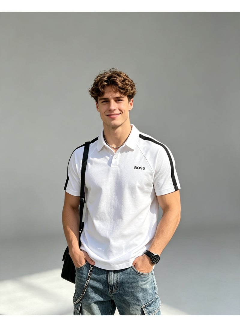 BOSS Men Short Sleeve Polo Shirt Raglan Side Stripe Casual Daily Top White - Image 3