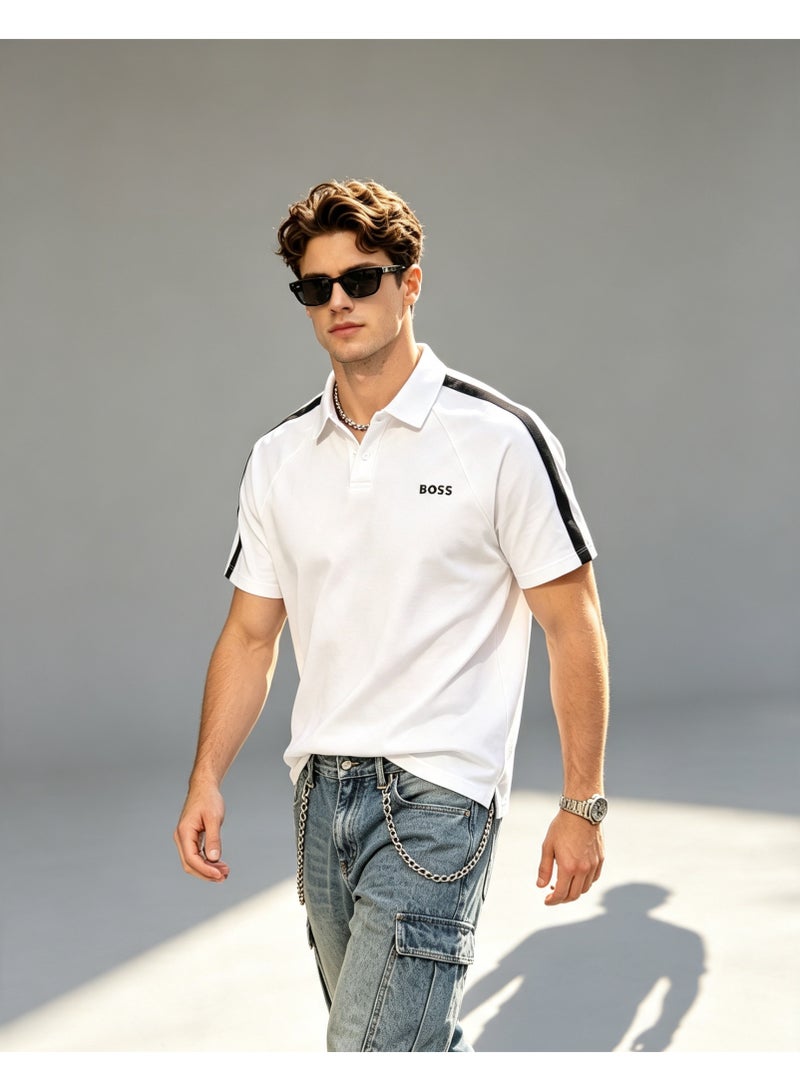 BOSS Men Short Sleeve Polo Shirt Raglan Side Stripe Casual Daily Top White - Image 2