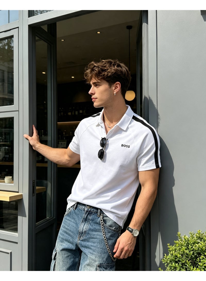 BOSS Men Short Sleeve Polo Shirt Raglan Side Stripe Casual Daily Top White - Image 5