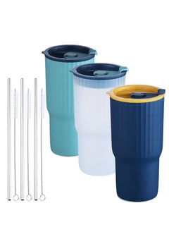 Premify Insulated 3 Tumblers Set With Lids & St. Steel Straws | Spill Proof Reusable 650ml/21oz Travel Mugs/Drinking Glasses | BPA-Free Water, Juice, Iced Coffee Cup, Smoothie, for Kids & Adults  - Image 1