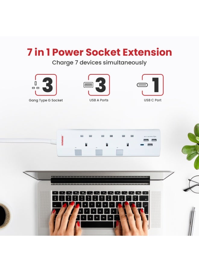 ADMORE 5 Meter Extension Cord with USB C – 3 Gang Multi Plug Power Strip with 4 USB Ports (1 Type-C + 3 USB-A) – 5m Long Electric Extension Lead & Socket – UK Type G Plug (White, ESMA Approved) - Image 2