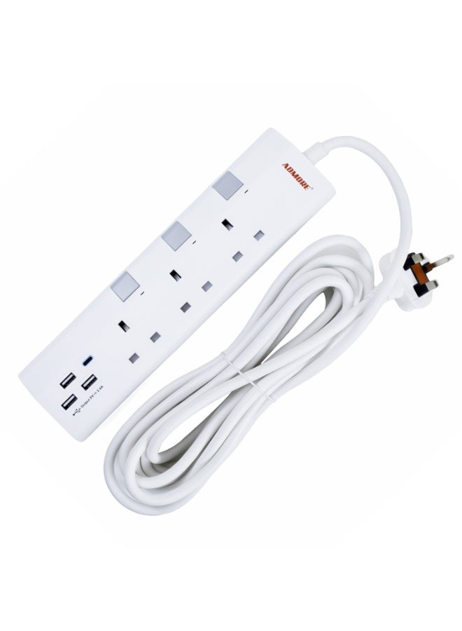ADMORE 5 Meter Extension Cord with USB C – 3 Gang Multi Plug Power Strip with 4 USB Ports (1 Type-C + 3 USB-A) – 5m Long Electric Extension Lead & Socket – UK Type G Plug (White, ESMA Approved) - Image 1
