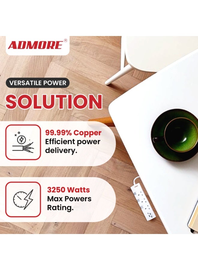 ADMORE 5 Meter Extension Cord with USB C – 3 Gang Multi Plug Power Strip with 4 USB Ports (1 Type-C + 3 USB-A) – 5m Long Electric Extension Lead & Socket – UK Type G Plug (White, ESMA Approved) - Image 3