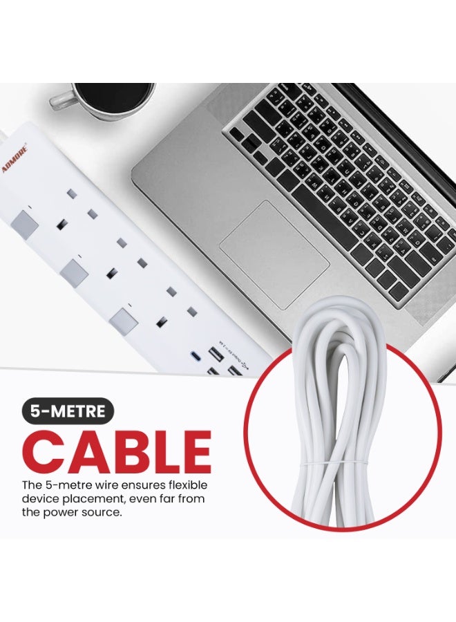 ADMORE 5 Meter Extension Cord with USB C – 3 Gang Multi Plug Power Strip with 4 USB Ports (1 Type-C + 3 USB-A) – 5m Long Electric Extension Lead & Socket – UK Type G Plug (White, ESMA Approved) - Image 5