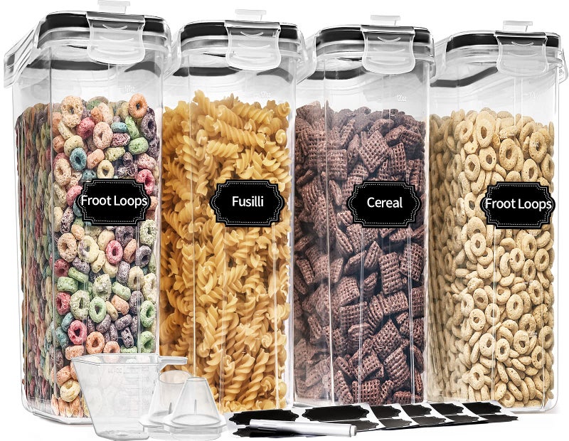 PRAKI Cereal Containers Storage Set (4L,135.2 Oz), 4PCS Airtight Food Storage Containers with Pour Spout for Kitchen & Pantry Organization Cereal Dispensers with 20 labels, Measuring Cup & Marker - Image 1