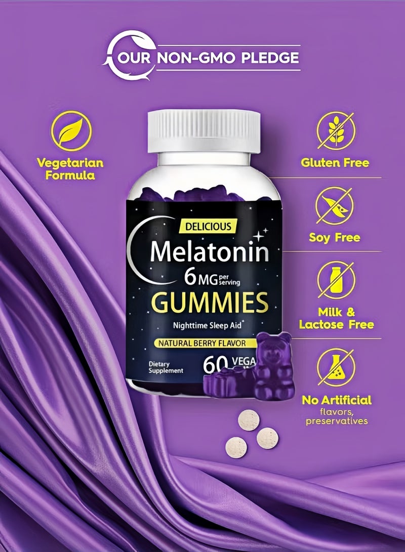 مساعد طبيعي على النوم ليلاً: 60 حبة من الحلوى اللينة السريعة الذوبان تحتوي على 6 ملليغرامات من الميلاتونين، بنكهة التوت، صالحة للنباتيين، خالية من الغلوتين وخالية من المواد المعدلة وراثياً. - Image 2