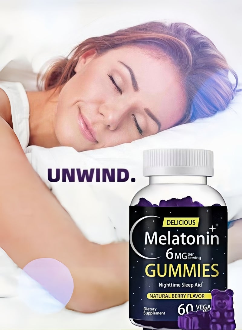 مساعد طبيعي على النوم ليلاً: 60 حبة من الحلوى اللينة السريعة الذوبان تحتوي على 6 ملليغرامات من الميلاتونين، بنكهة التوت، صالحة للنباتيين، خالية من الغلوتين وخالية من المواد المعدلة وراثياً. - Image 3