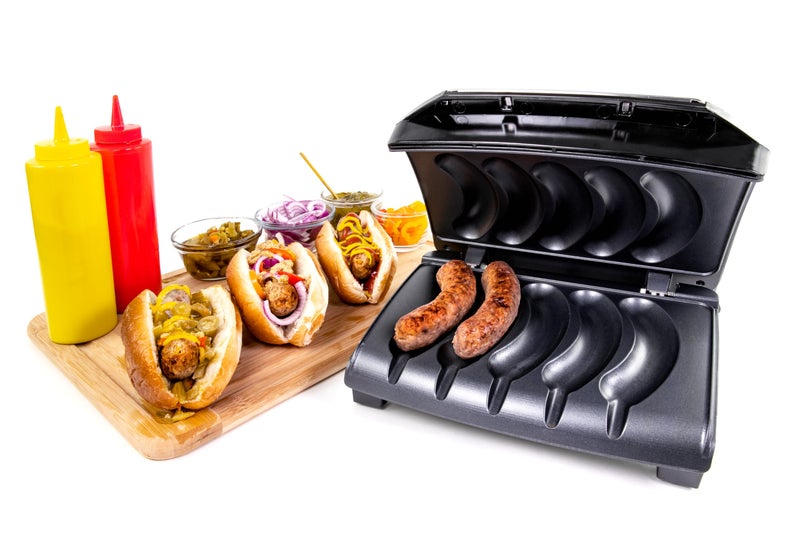 Nostalgia Homecraft Electric Sausage  Brat Grill with Oil Drip Tray Carry Handle and Cord Storage up to 5 Links of Beef Turkey Chicken Veggie Sausages or Hot Dogs