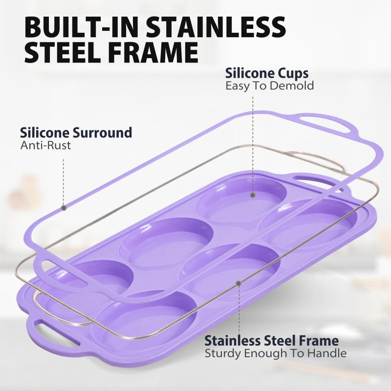 Vnray 4 Inch Jumbo Silicone Muffin Top Pan with Metal Frame, Non Stick Silicone Egg Mold for Oven, Large Whoopie Pie Baking Pan with Handle for English Breakfast Sandwich, Egg Bite, Bun Tart, Purple - Image 3