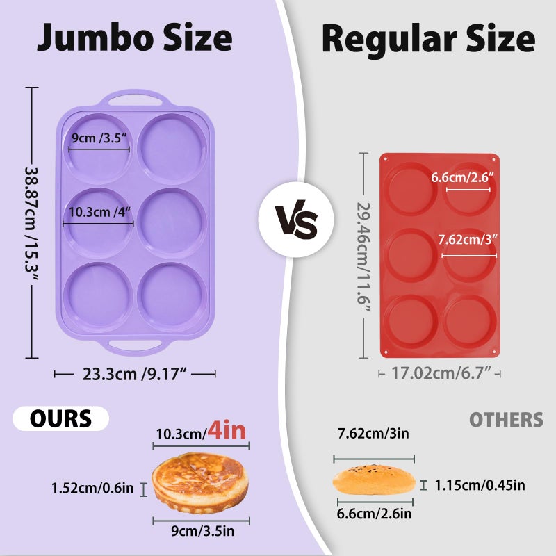 Vnray 4 Inch Jumbo Silicone Muffin Top Pan with Metal Frame, Non Stick Silicone Egg Mold for Oven, Large Whoopie Pie Baking Pan with Handle for English Breakfast Sandwich, Egg Bite, Bun Tart, Purple - Image 2