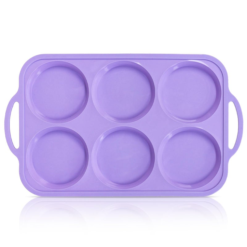 Vnray 4 Inch Jumbo Silicone Muffin Top Pan with Metal Frame, Non Stick Silicone Egg Mold for Oven, Large Whoopie Pie Baking Pan with Handle for English Breakfast Sandwich, Egg Bite, Bun Tart, Purple - Image 1