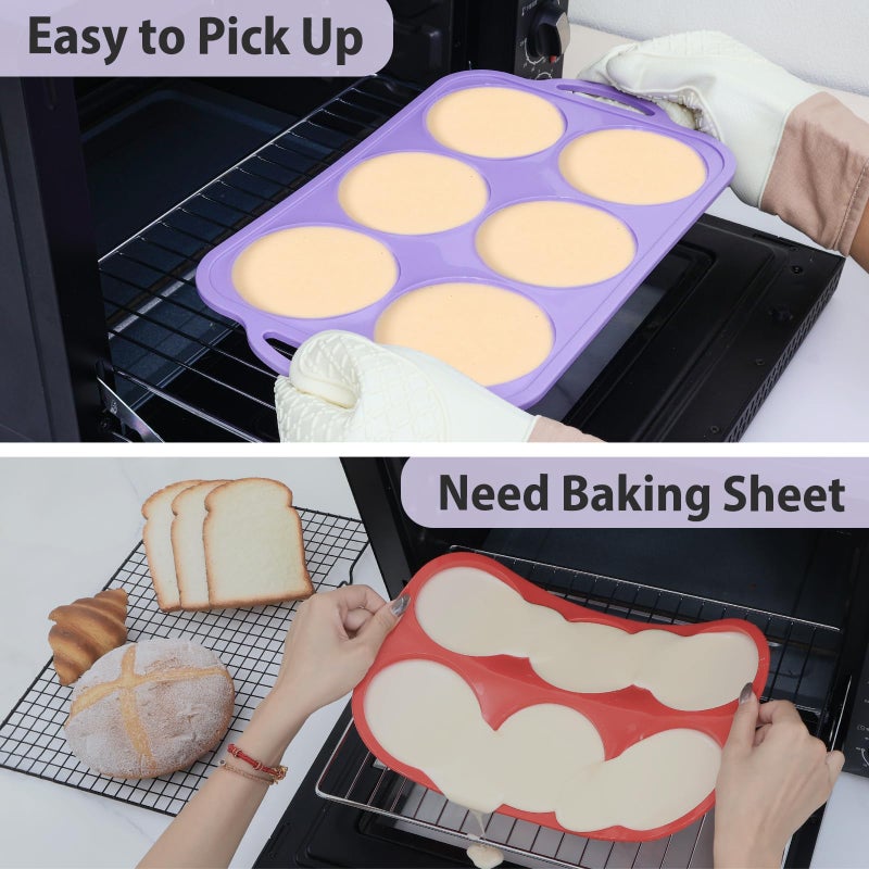 Vnray 4 Inch Jumbo Silicone Muffin Top Pan with Metal Frame, Non Stick Silicone Egg Mold for Oven, Large Whoopie Pie Baking Pan with Handle for English Breakfast Sandwich, Egg Bite, Bun Tart, Purple - Image 4