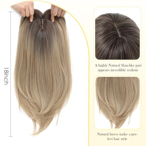 PANEWAY Hair Topper With Bangs 18inch Toppers With 65 65 Large Base Long Straight Layered Premium Synthetic Hair Pieces For WomenOmbre Blonde With Dark Root - Image 3