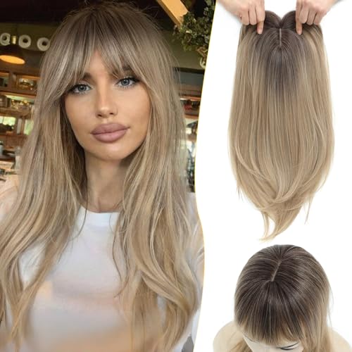 PANEWAY Hair Topper With Bangs 18inch Toppers With 65 65 Large Base Long Straight Layered Premium Synthetic Hair Pieces For WomenOmbre Blonde With Dark Root - Image 1