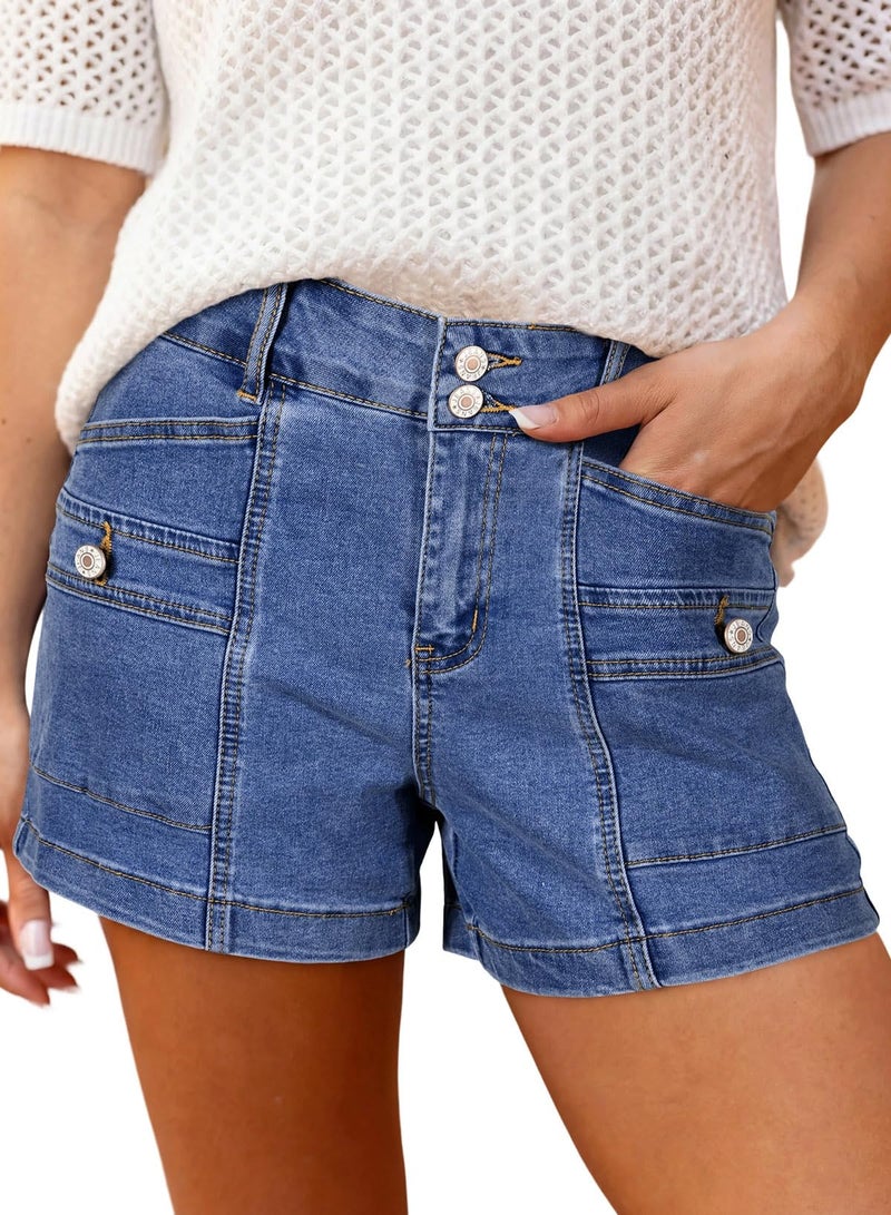 Astylish Women's Jean Shorts High Waist Double Buttons Stretchy Vintage Summer 2026 Denim Beach Shorts Jeans Button Accent Pockets Dark Blue Size 6 - Image 1