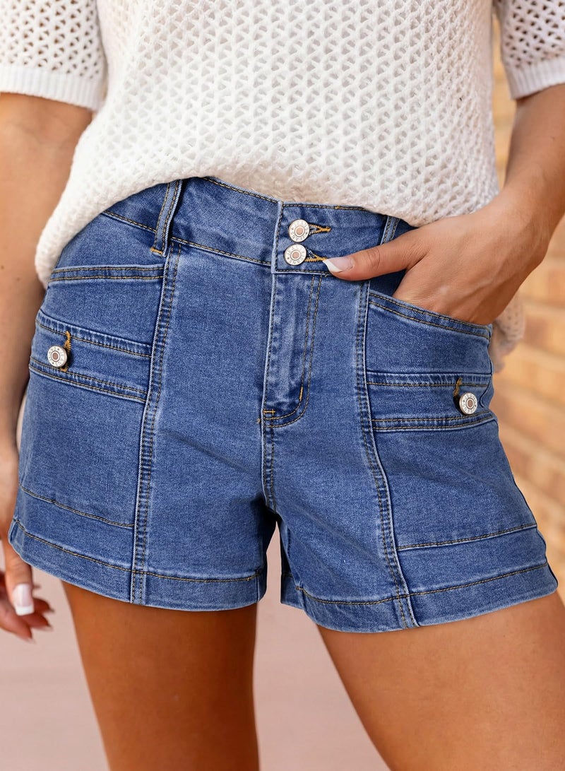 Astylish Women's Jean Shorts High Waist Double Buttons Stretchy Vintage Summer 2026 Denim Beach Shorts Jeans Button Accent Pockets Dark Blue Size 6 - Image 2
