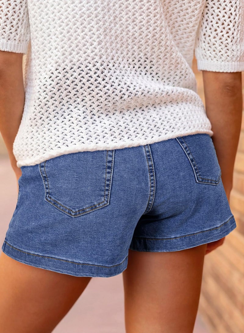 Astylish Women's Jean Shorts High Waist Double Buttons Stretchy Vintage Summer 2026 Denim Beach Shorts Jeans Button Accent Pockets Dark Blue Size 6 - Image 3