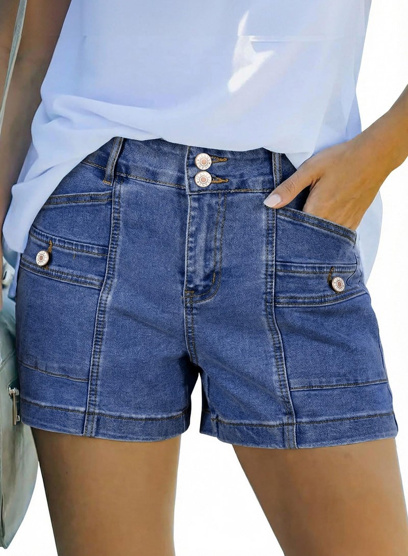 Astylish Women's Jean Shorts High Waist Double Buttons Stretchy Vintage Summer 2026 Denim Beach Shorts Jeans Button Accent Pockets Dark Blue Size 6 - Image 5