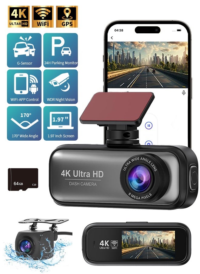 Digisand 4K and 1080p Full HD Dual Dash Cam With Front and Back Cameras, Wide Angle for Cars Built in Wifi External GPS With 64GB Card Night Vision Loop Recording  - Image 1