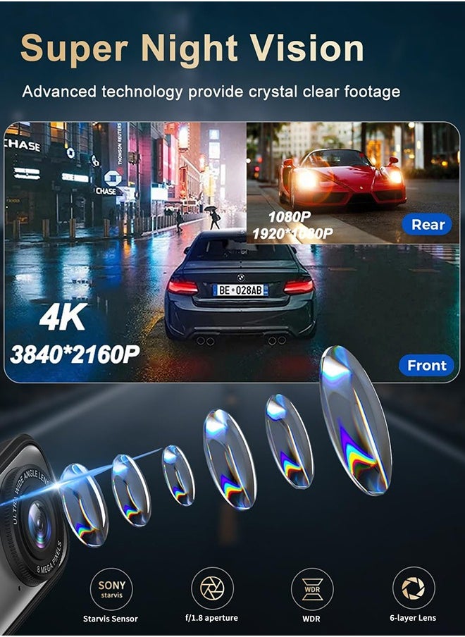 Digisand 4K and 1080p Full HD Dual Dash Cam With Front and Back Cameras, Wide Angle for Cars Built in Wifi External GPS With 64GB Card Night Vision Loop Recording  - Image 4