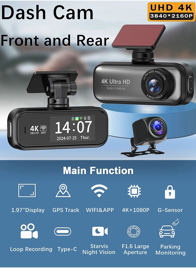 Digisand 4K and 1080p Full HD Dual Dash Cam With Front and Back Cameras, Wide Angle for Cars Built in Wifi External GPS With 64GB Card Night Vision Loop Recording  - Image 3