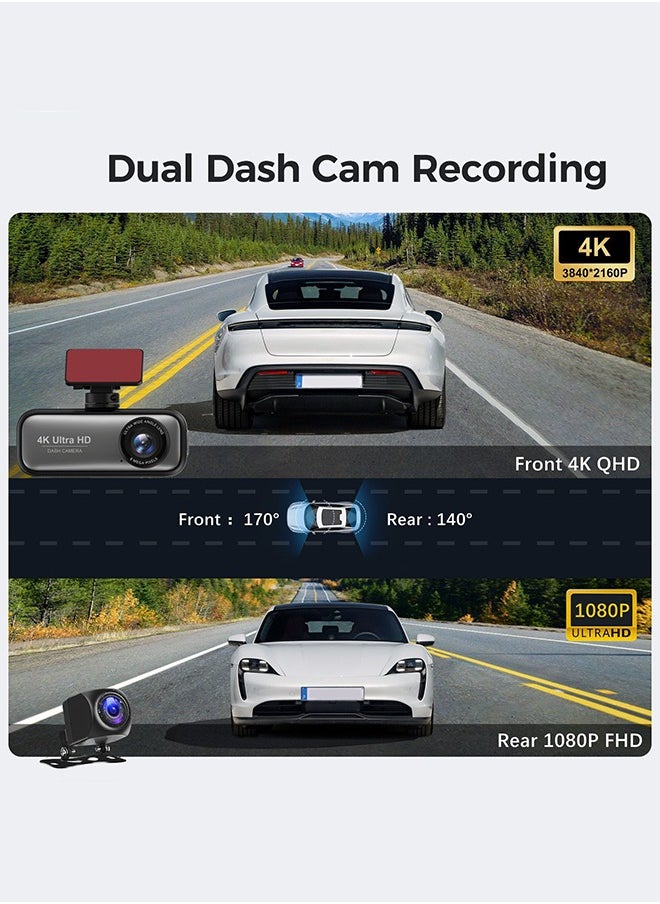 Digisand - 4K and 1080p Full HD Dual Dash Cam With Front and Back Cameras, Wide Angle for Cars Built in Wifi External GPS With 64GB Card Night Vision Loop Recording - Image 1