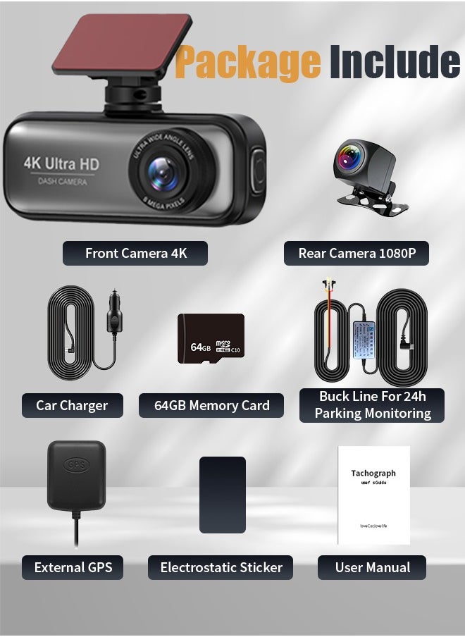 Digisand - 4K and 1080p Full HD Dual Dash Cam With Front and Back Cameras, Wide Angle for Cars Built in Wifi External GPS With 64GB Card Night Vision Loop Recording - Image 1