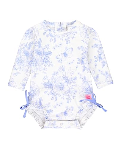 RuffleButts Baby Girls UPF 50+ Sun Protection Floral Printed Long Sleeve One Piece Rash Guard Swimsuit with Zipper - Periwinkle Butterfly Garden, 3-6m - Image 1