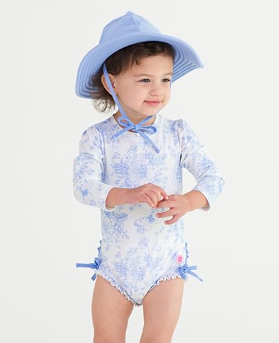 RuffleButts Baby Girls UPF 50+ Sun Protection Floral Printed Long Sleeve One Piece Rash Guard Swimsuit with Zipper - Periwinkle Butterfly Garden, 3-6m - Image 2